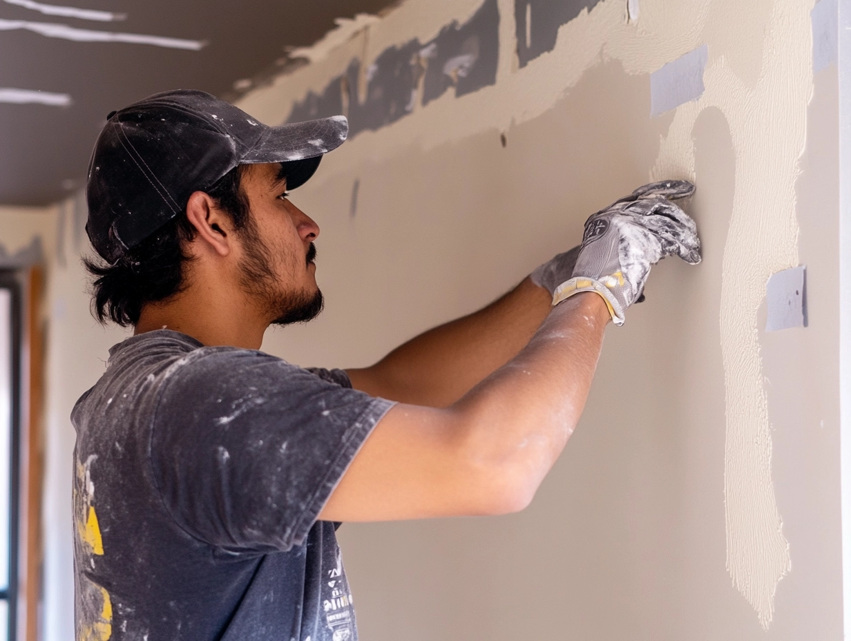 Handyman smoothing drywall on an interior wall