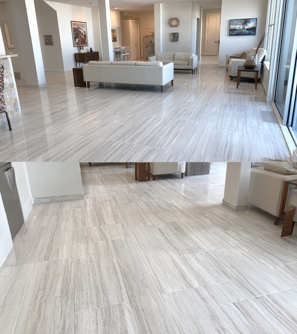 Newly installed light hardwood-style flooring in a home interior