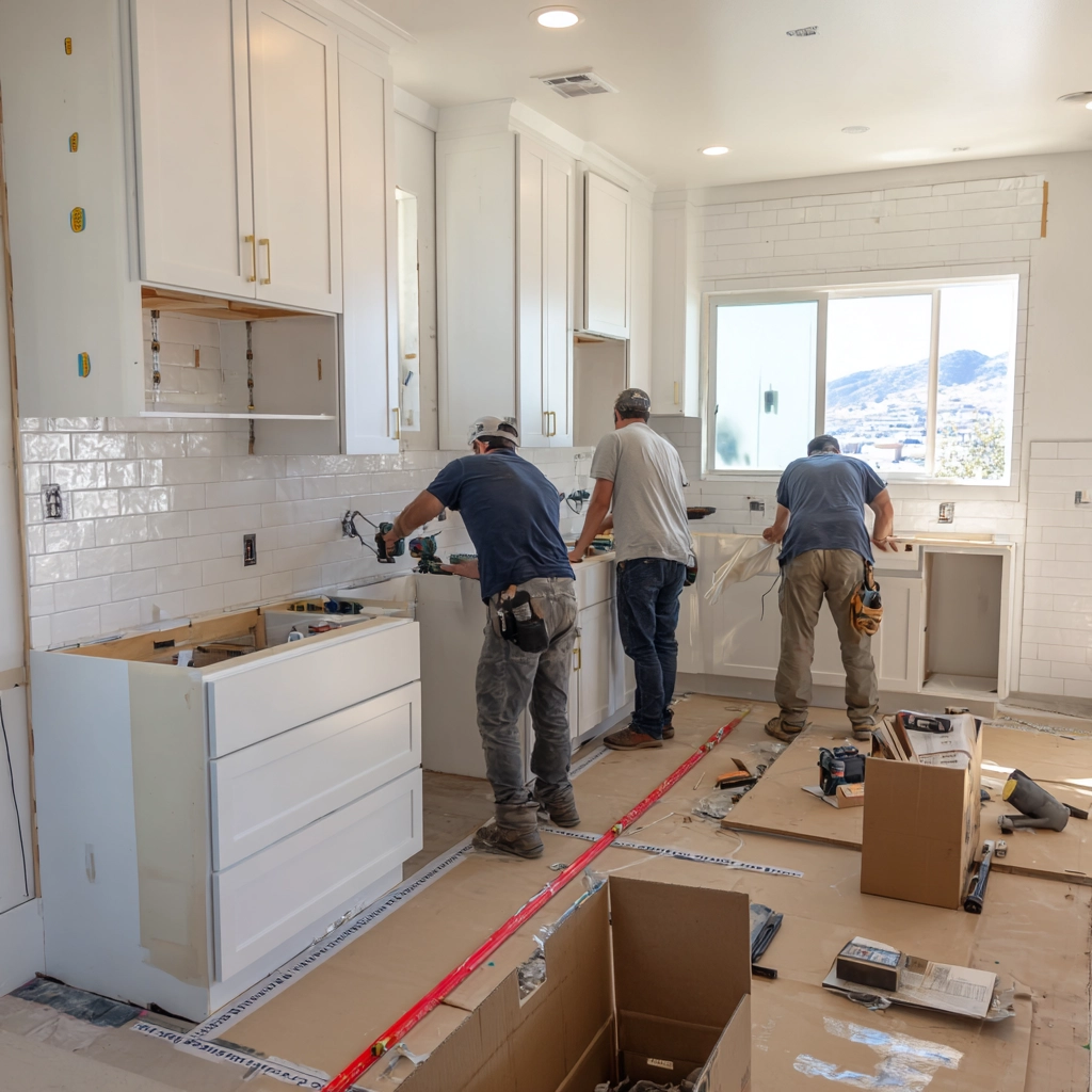 Kitchen under construction with new cabinets and floor protection
