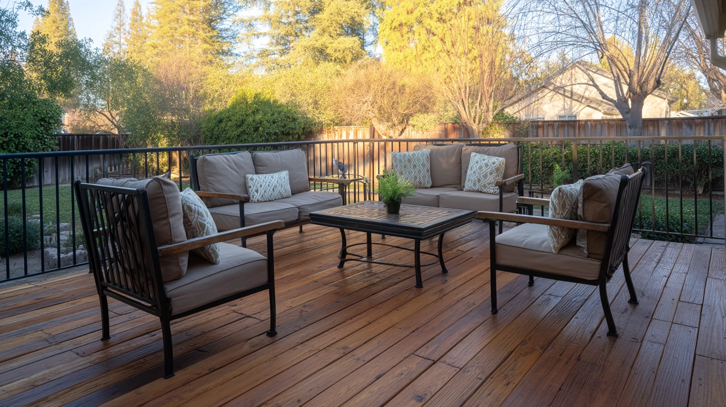 Backyard wooden deck with outdoor seating